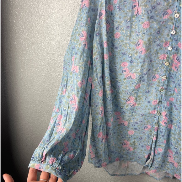Spell Free People Dolly Long Sleeve Button Up Blouse Blue Floral Womens M Flowy - Picture 6 of 11